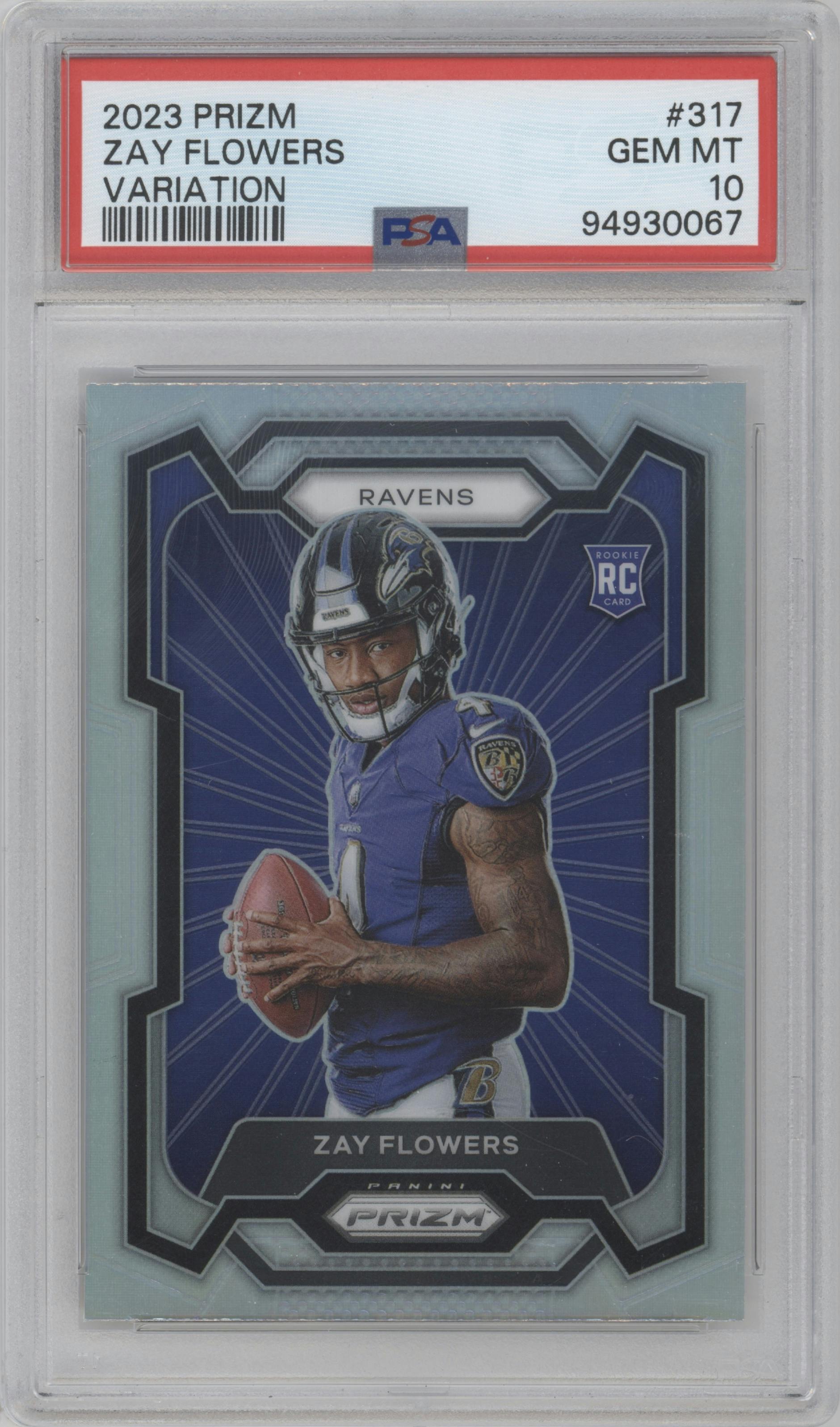 Zay Flowers from the 2023 Panini Prizm set featuring a Silver Prizm parallel graded by PSA and given an overall grade of 10.