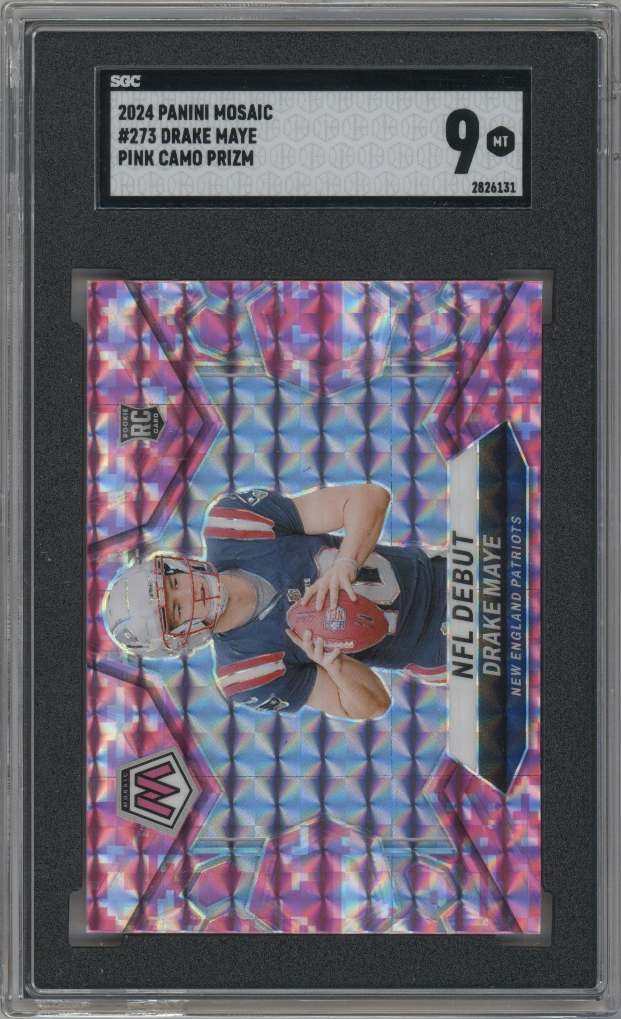 Drake Maye from the 2024 Panini Mosaic set featuring a Pink Camo parallel graded by SGC and given an overall grade of 9.