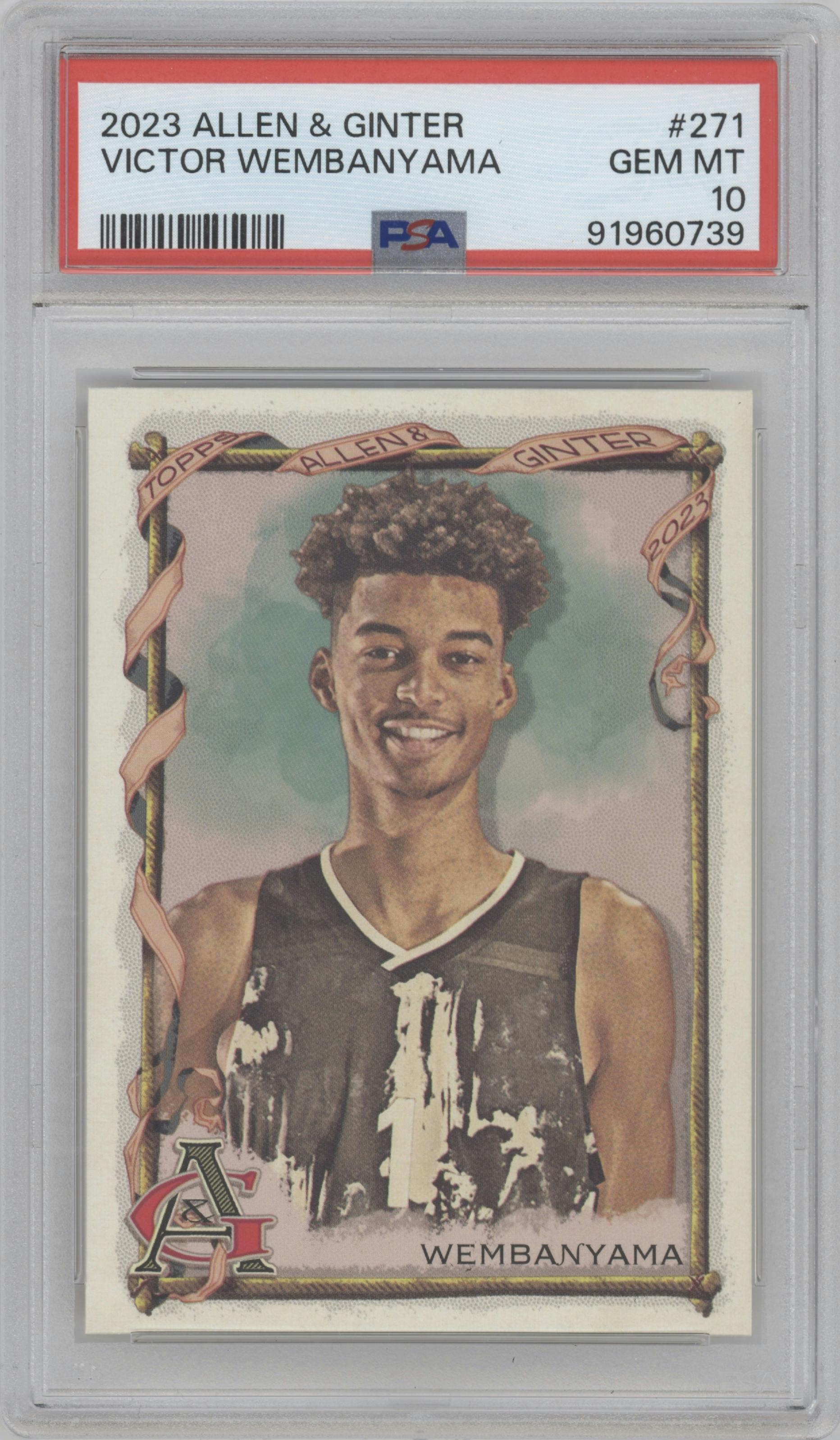 Victor Wembanyama from the 2023 Topps Allen & Ginter set graded by PSA and given an overall grade of 10.