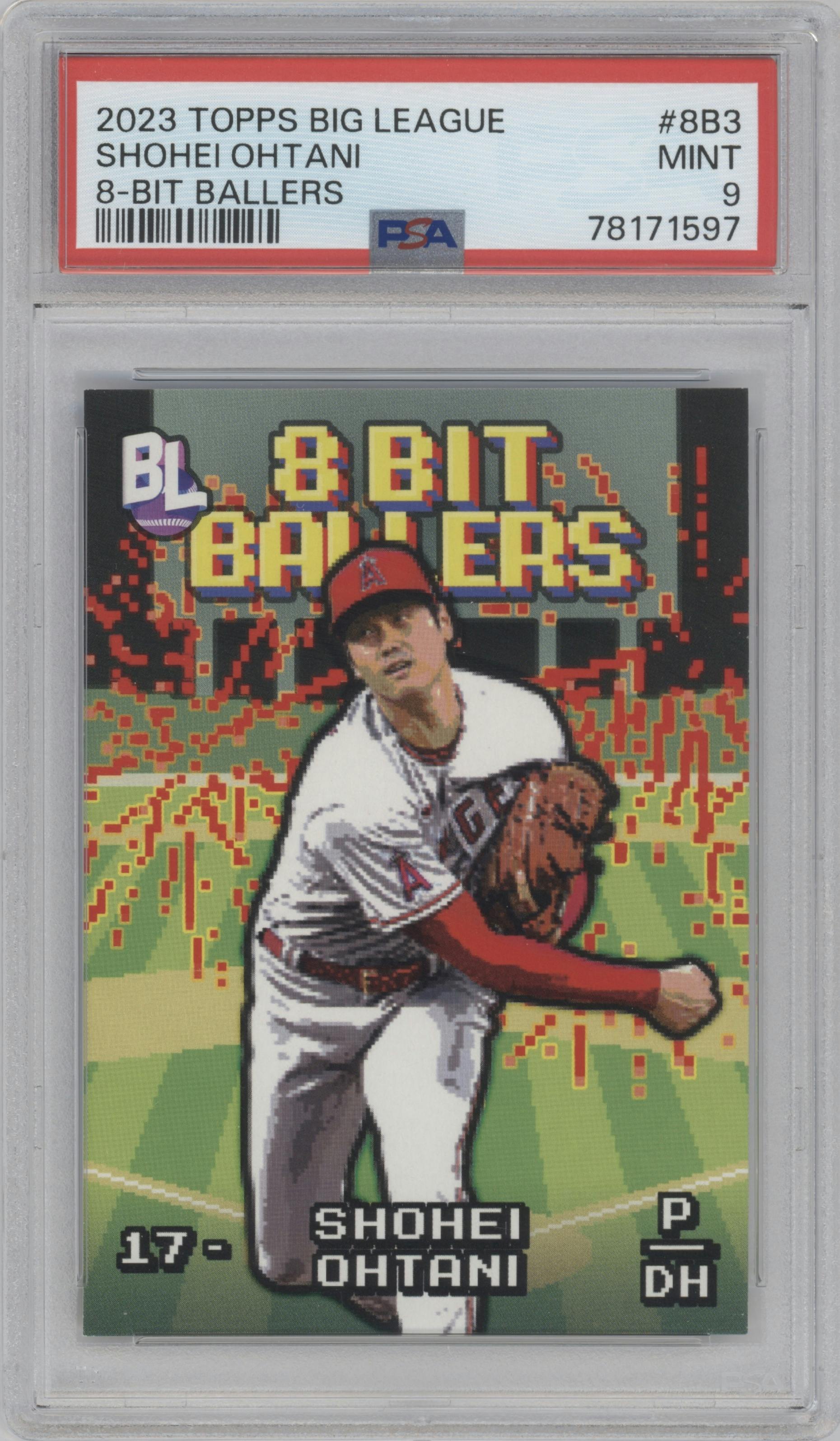 Shohei Ohtani from the 2023 Topps Big League set graded by PSA and given an overall grade of 9.
