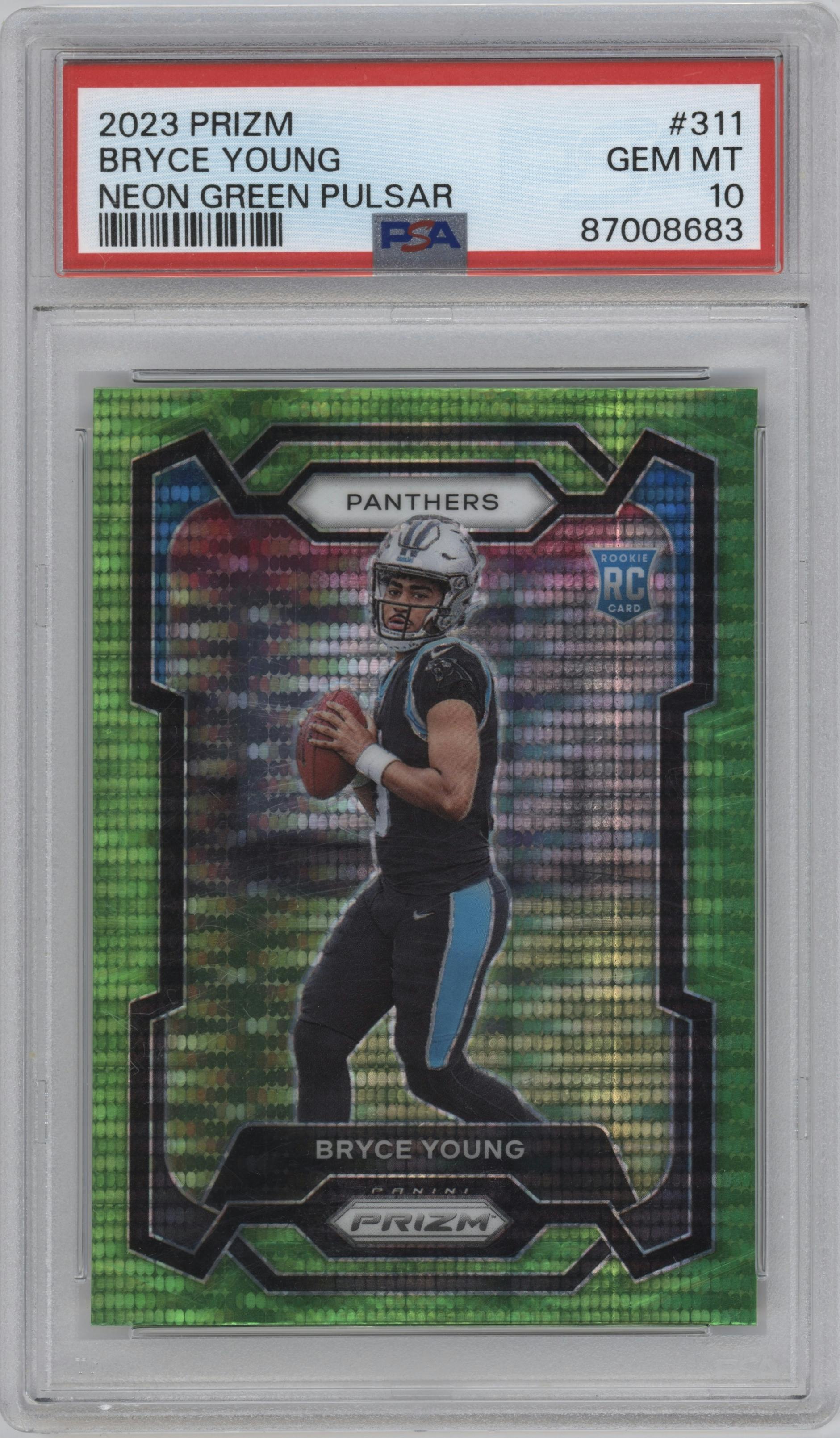 Bryce Young from the 2023 Panini Prizm set featuring a Neon Green Pulsar parallel graded by PSA and given an overall grade of 10.