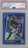 Justin Fields from the 2021 Panini Donruss Optic set featuring a Blue Hyper parallel graded by PSA and given an overall grade of 10.