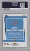 Justin Fields from the 2021 Panini Donruss Optic set featuring a Blue Hyper parallel graded by PSA and given an overall grade of 10.