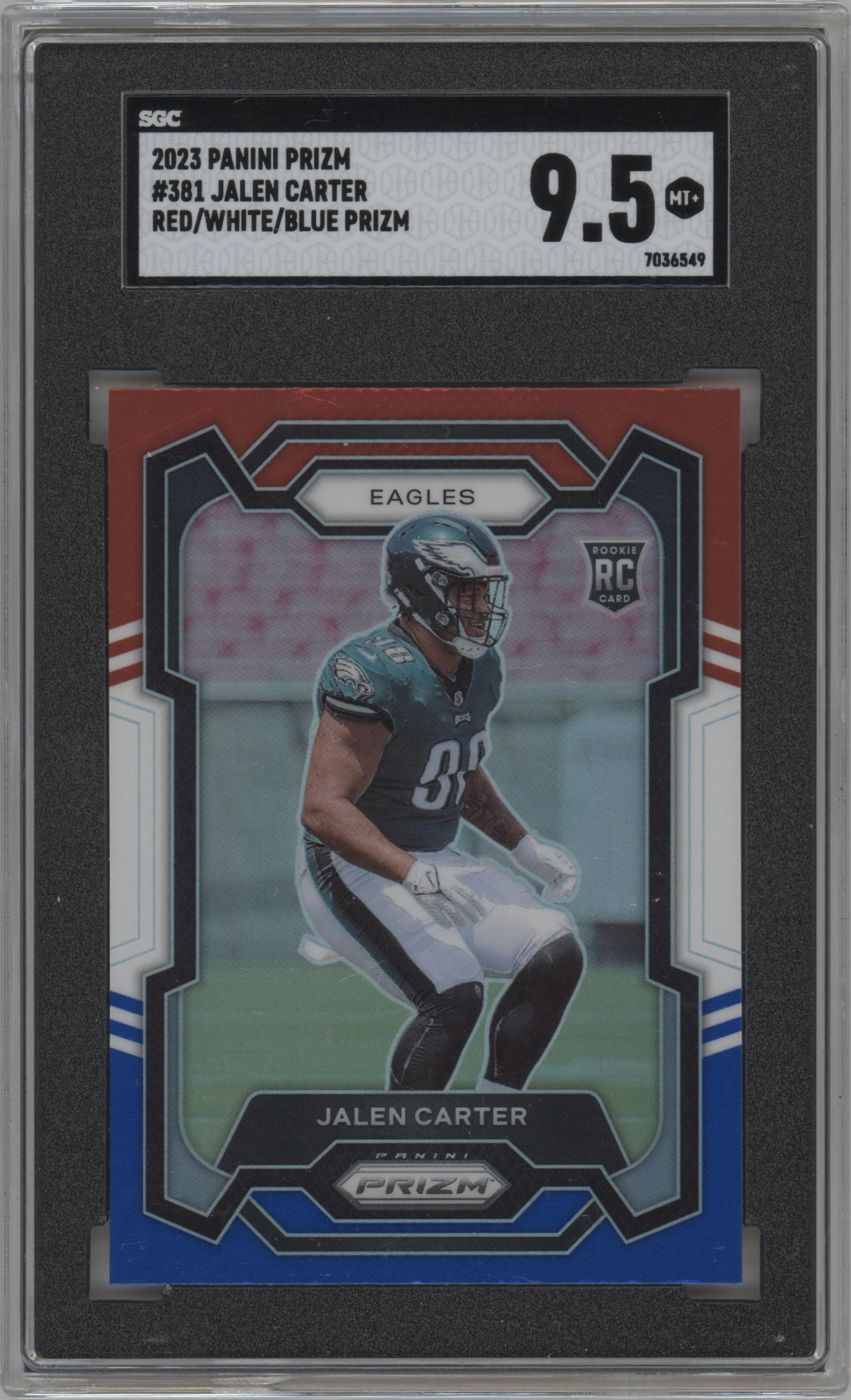 Jalen Carter from the 2023 Panini Prizm set featuring a Red White Blue Prizm parallel graded by SGC and given an overall grade of 9.5.