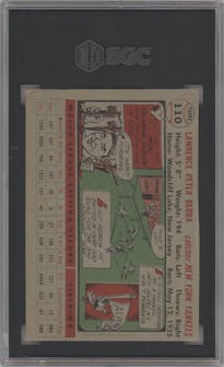 Yogi Berra from the 1956 Topps set featuring a Gray Back parallel graded by SGC and given an overall grade of 3.