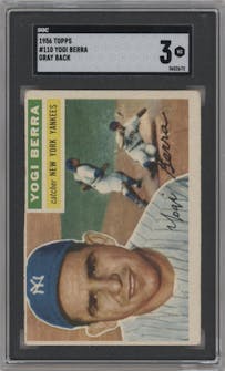 Yogi Berra from the 1956 Topps set featuring a Gray Back parallel graded by SGC and given an overall grade of 3.