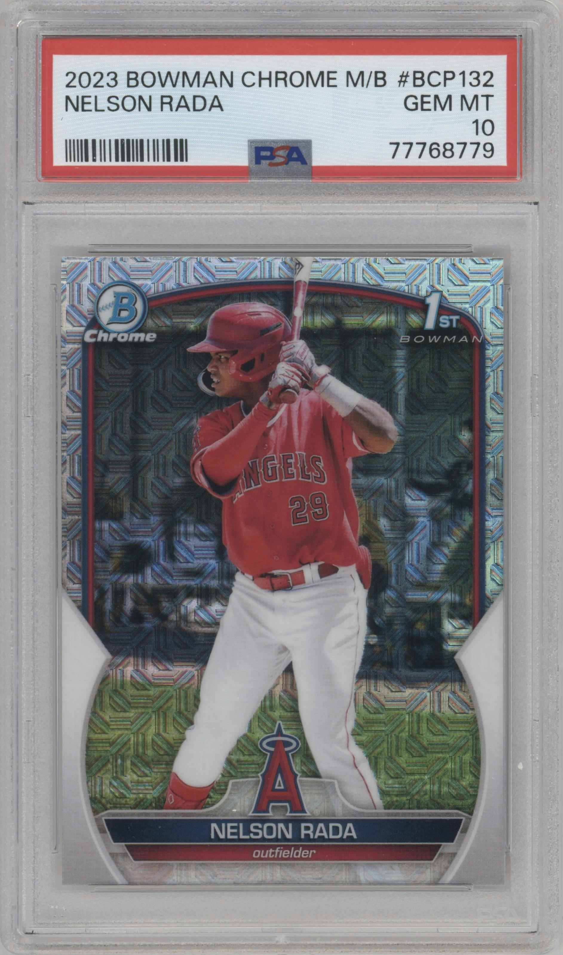 Nelson Rada from the 2023 Bowman Mega Box set graded by PSA and given an overall grade of 10.