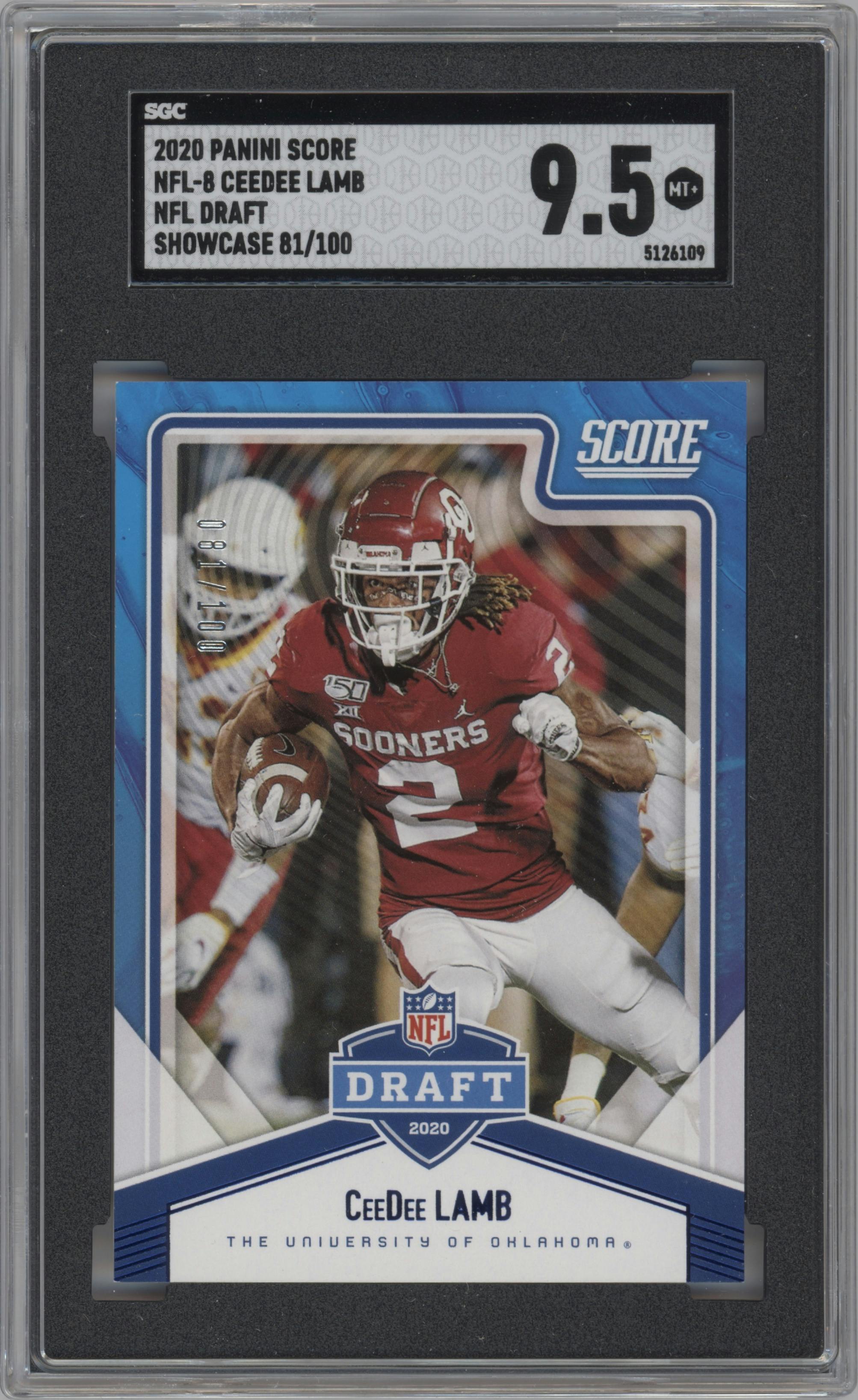 CeeDee Lamb from the 2020 Panini Score set featuring a Showcase parallel graded by SGC and given an overall grade of 9.5.