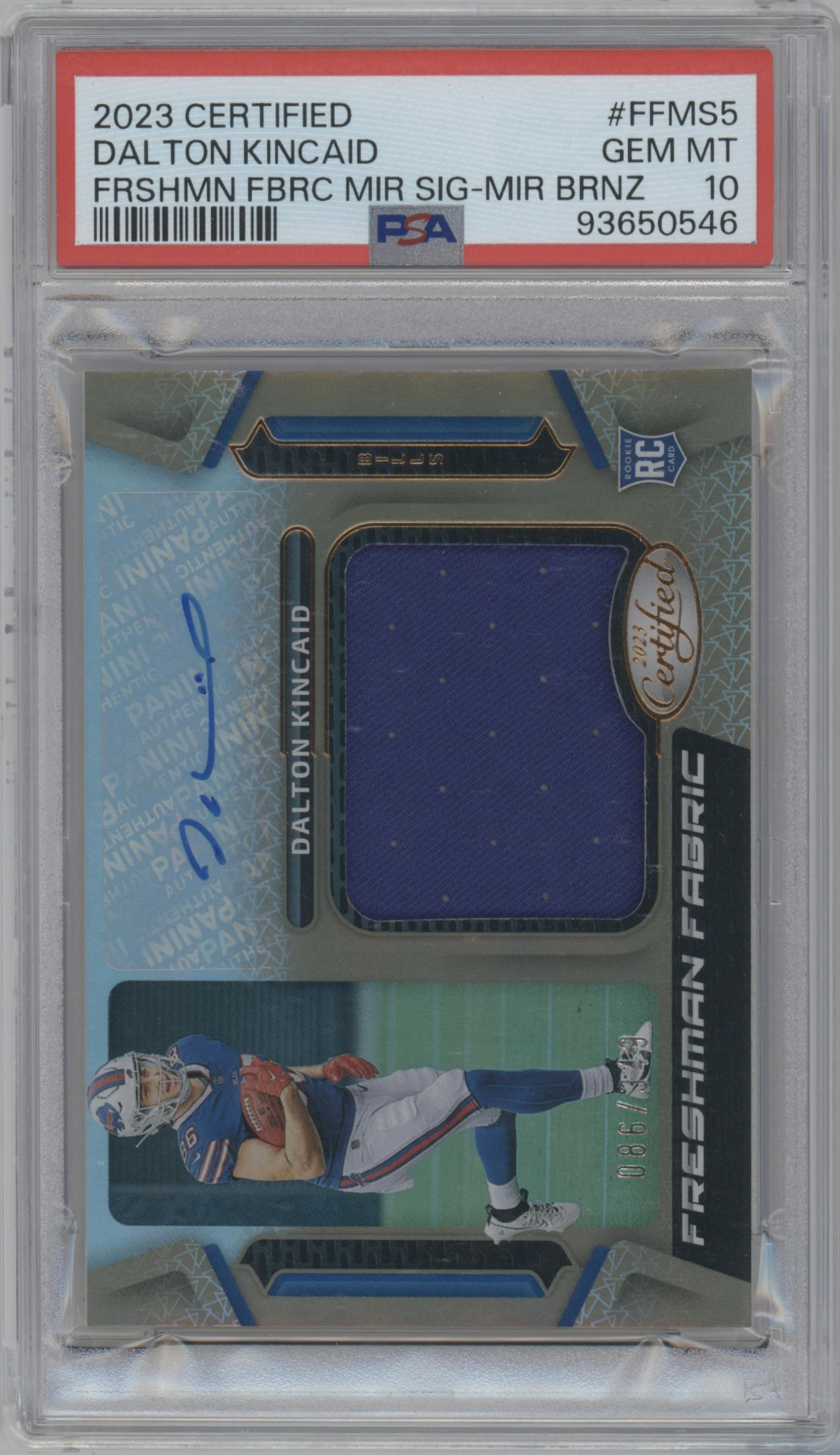 Dalton Kincaid from the 2023 Panini Certified set featuring a Bronze parallel graded by PSA and given an overall grade of 10.