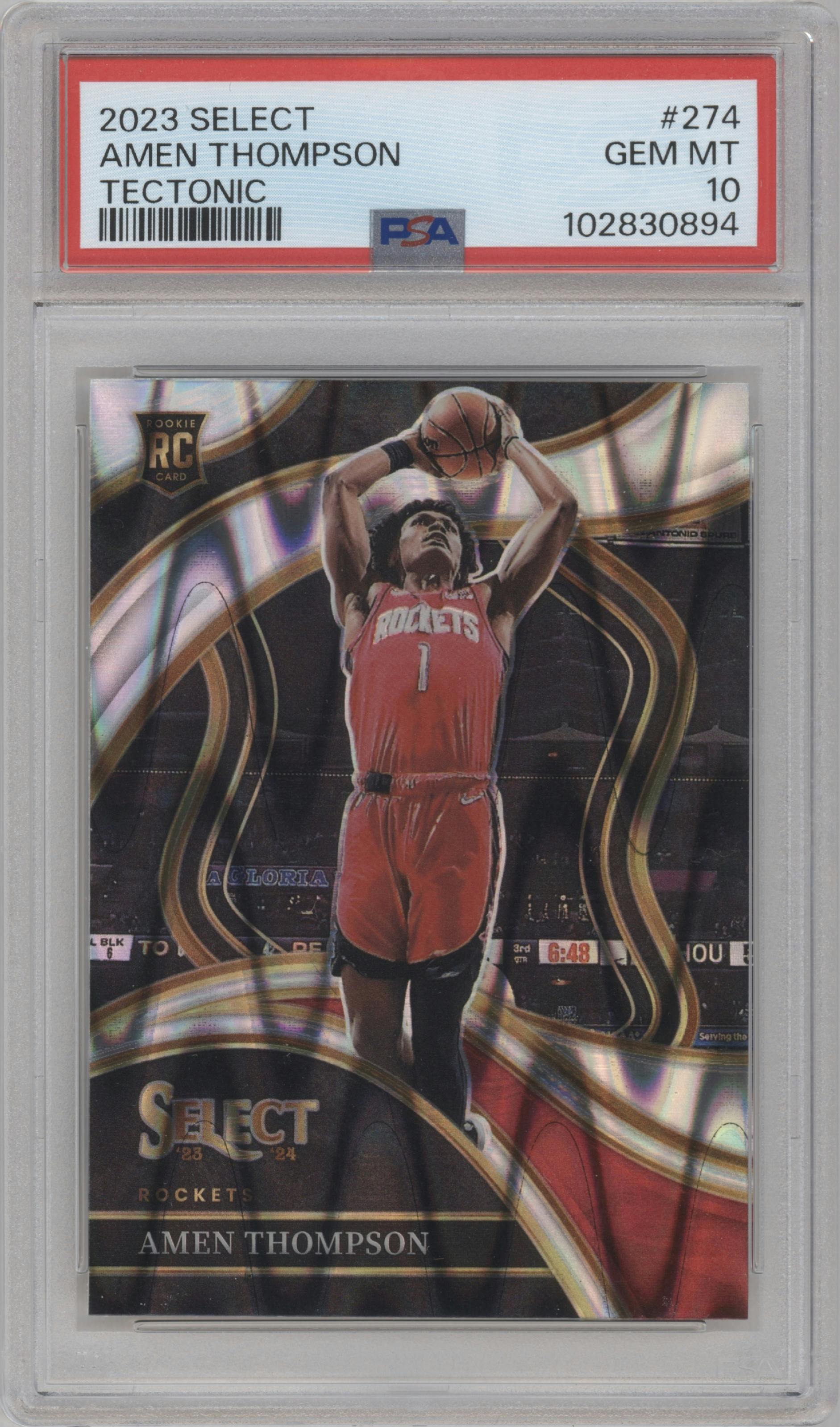 Amen Thompson from the 2023-24 Panini Select  set featuring a  Tectonic parallel graded by PSA and given an overall grade of 10.