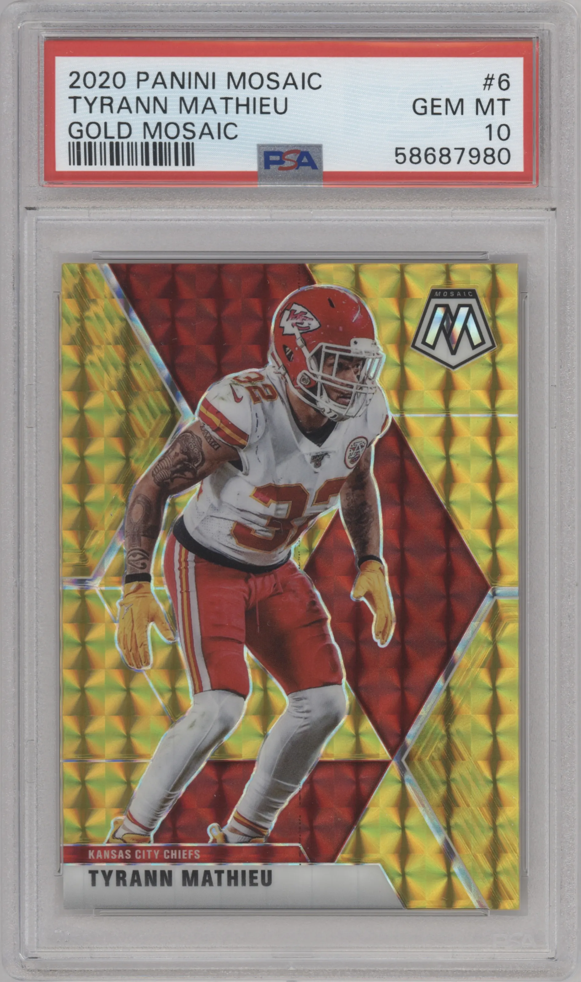 Tyrann Mathieu from the 2020 Panini Mosaic set featuring a Gold Wave parallel graded by PSA and given an overall grade of 10.
