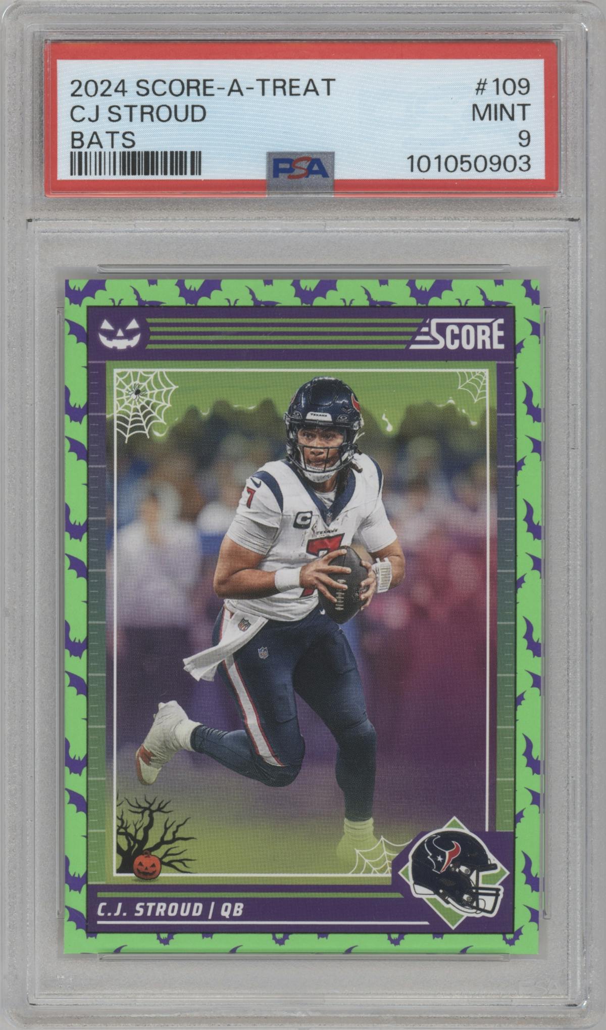 C.J. Stroud from the 2024 Score-a-Treat set featuring a Bats parallel graded by PSA and given an overall grade of 9.