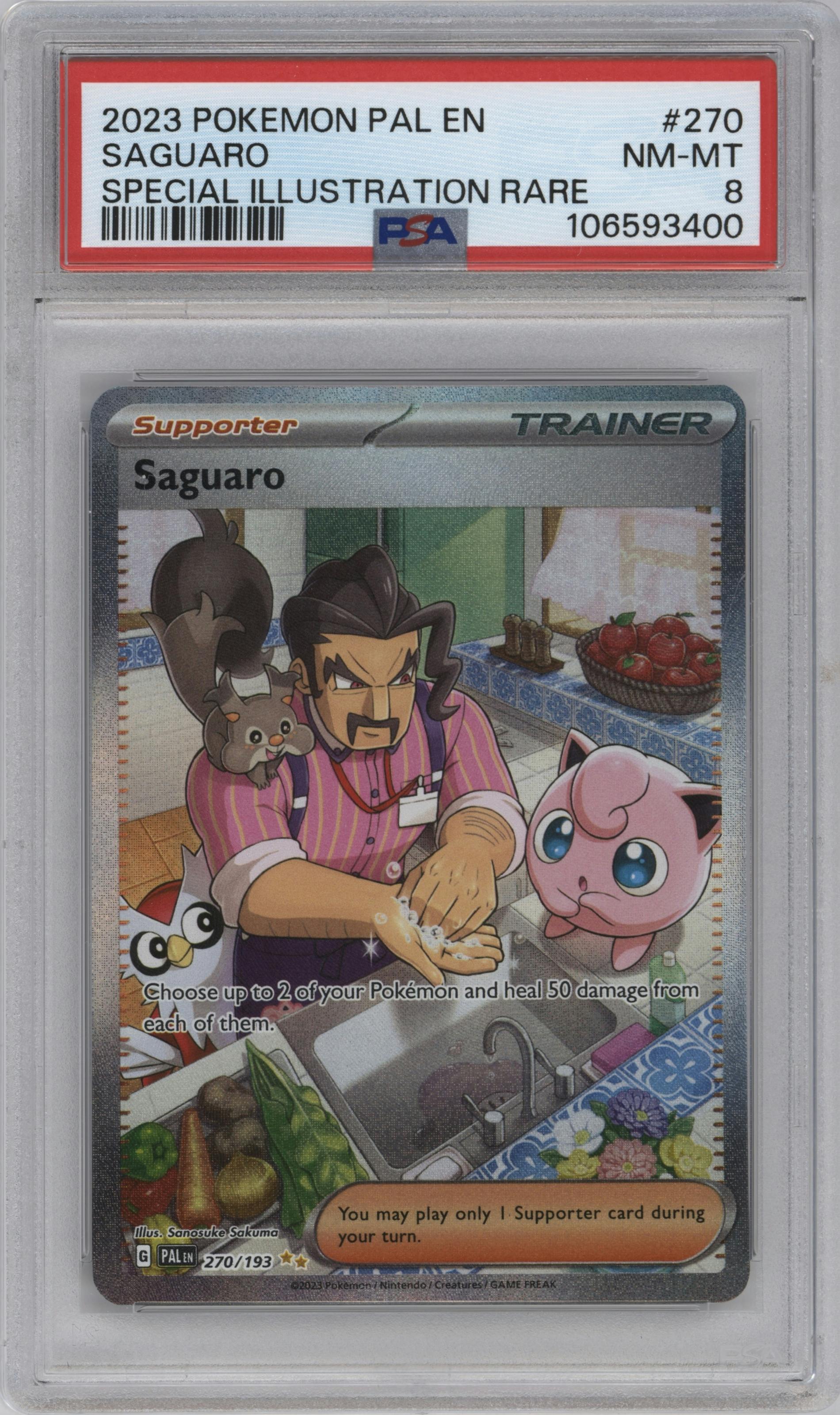 Saguaro from the 2023 Pokemon SV set graded by PSA and given an overall grade of 8.