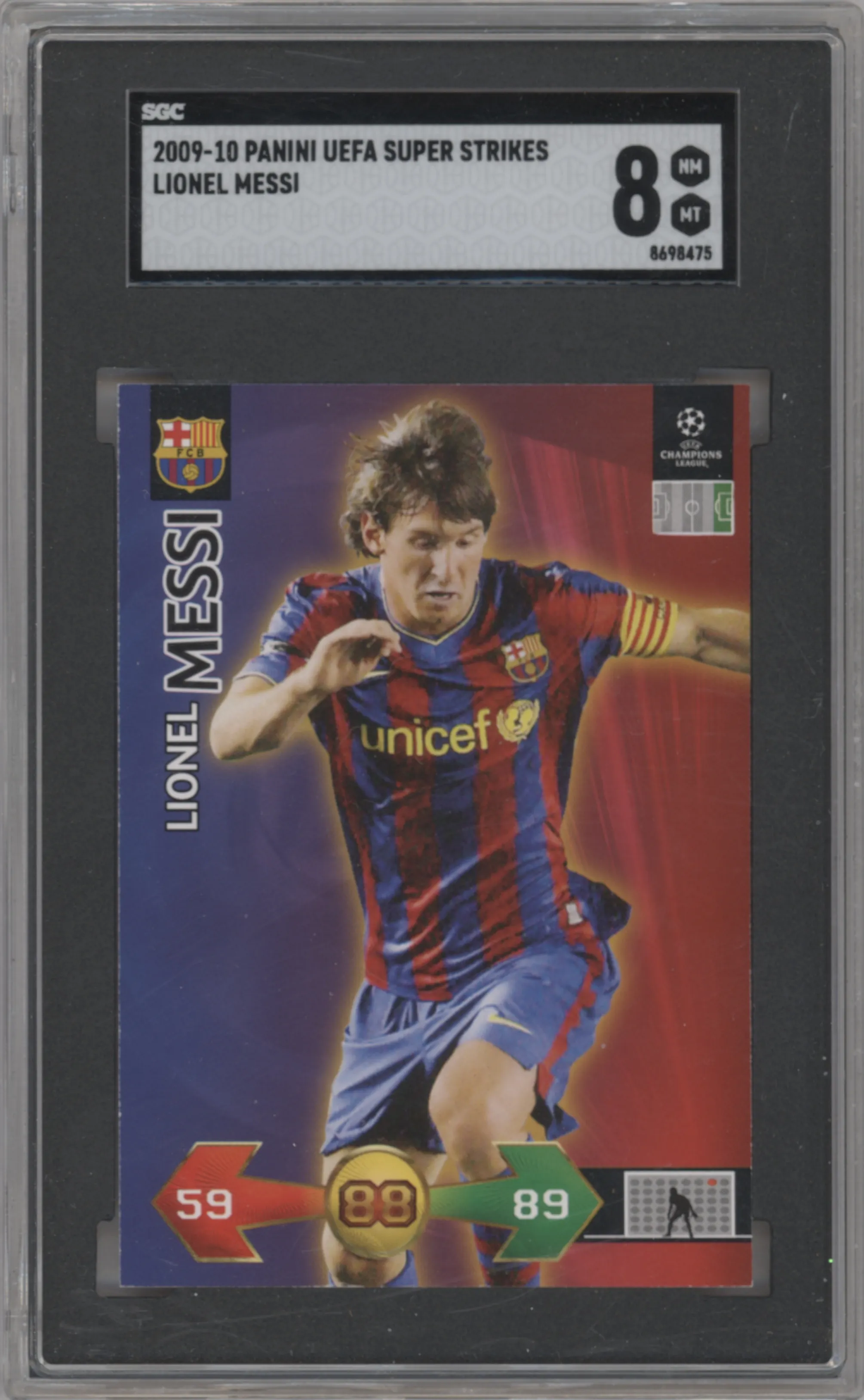 Lionel Messi from the 2009-10 Panini UEFA Champions League Super Strikes set graded by SGC and given an overall grade of 8.