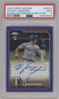 Wyatt Langford from the 2024 Topps Chrome set featuring a Purple Refractor parallel graded by PSA and given an overall grade of 9.