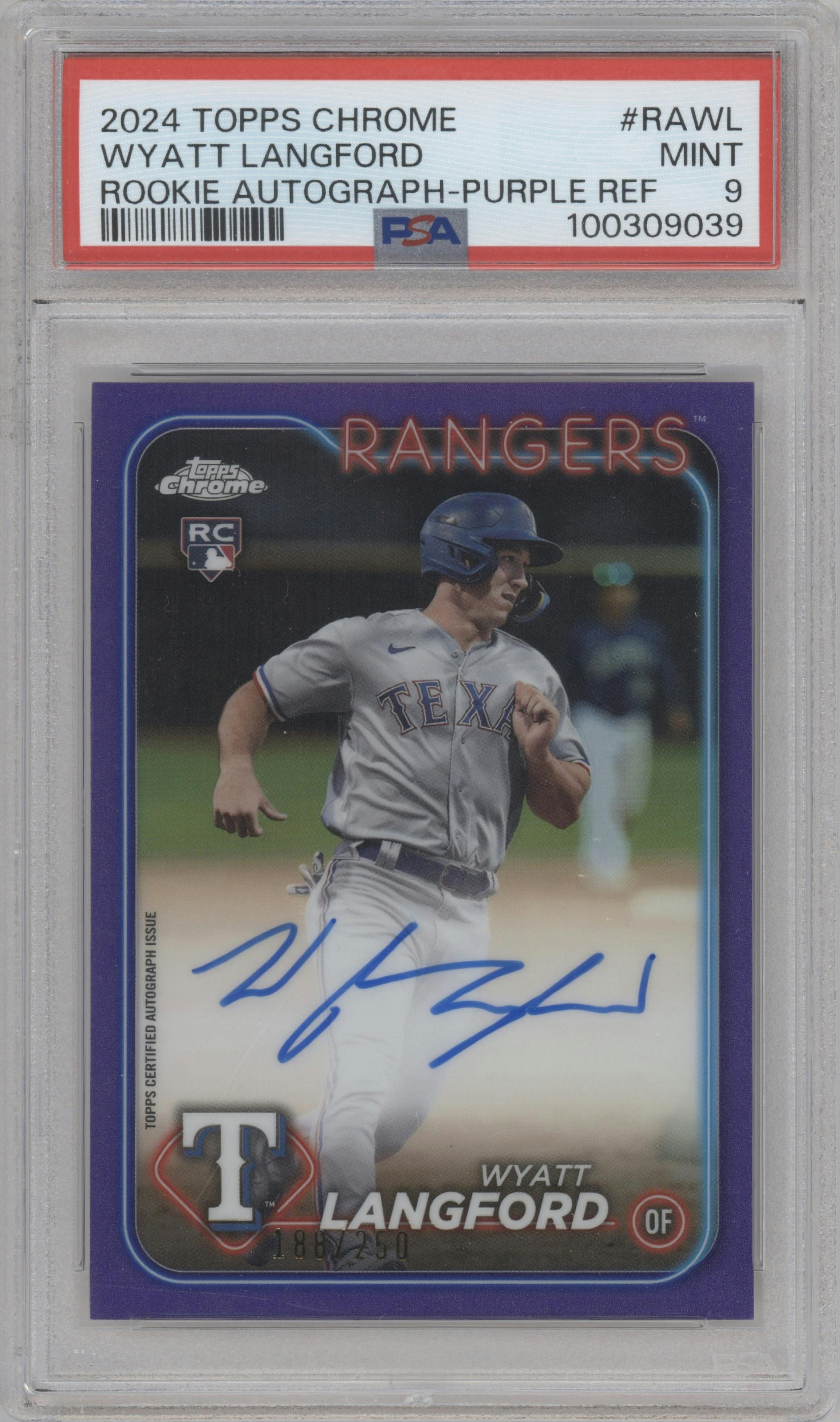 Wyatt Langford from the 2024 Topps Chrome set featuring a Purple Refractor parallel graded by PSA and given an overall grade of 9.