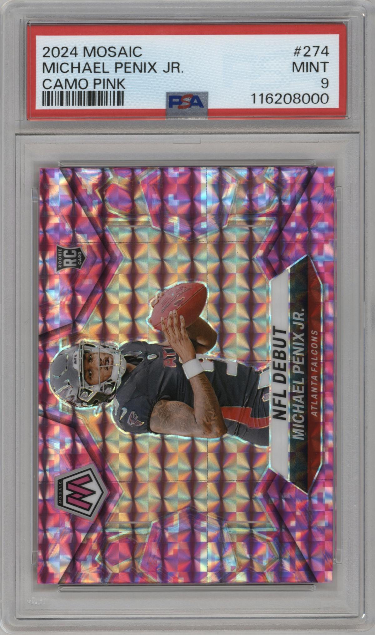 Michael Penix Jr. from the 2024 Panini Mosaic set featuring a Pink Camo parallel graded by PSA and given an overall grade of 9.