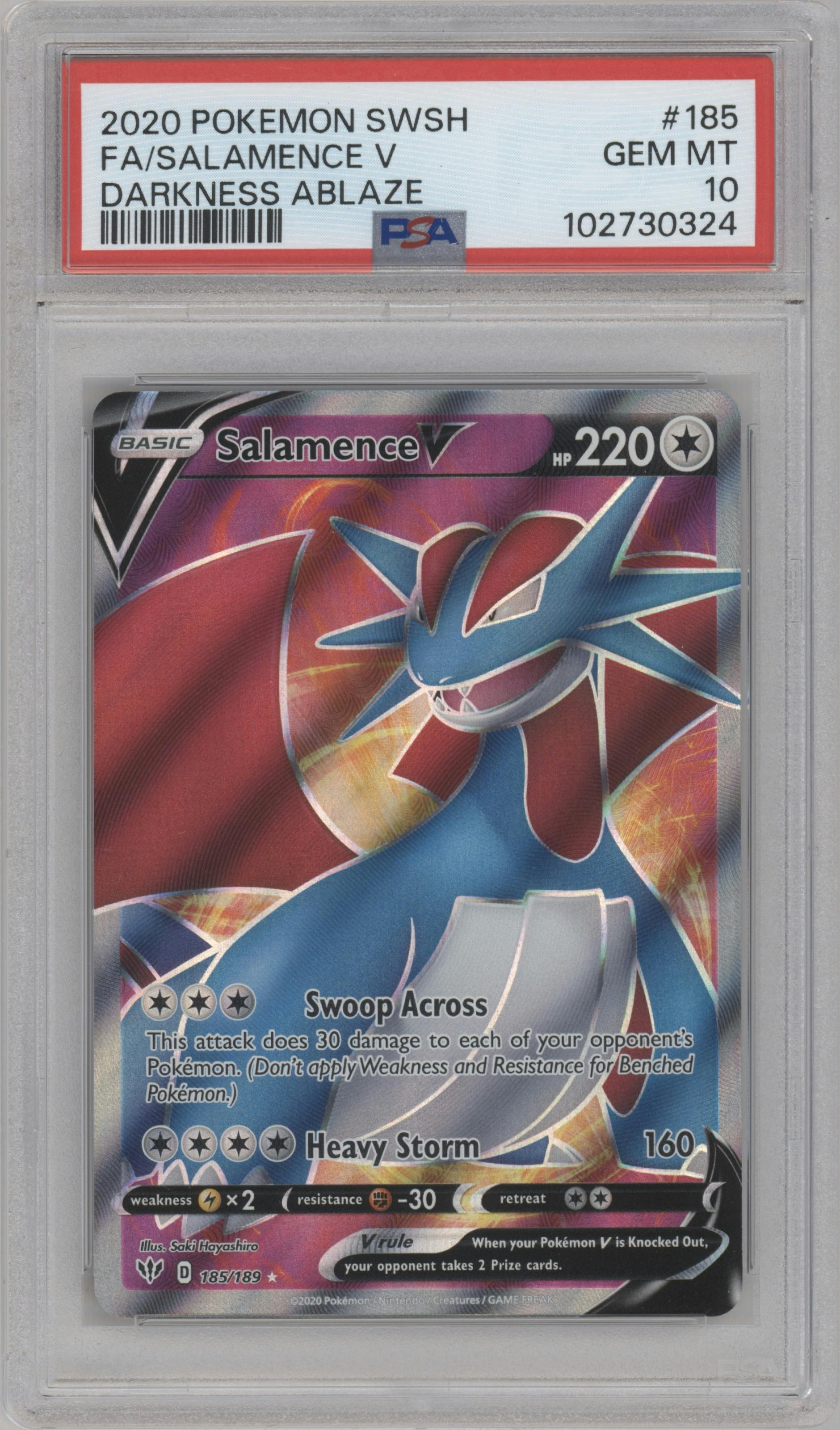 Salamence V from the 2020 Pokemon SWSH set graded by PSA and given an overall grade of 10.