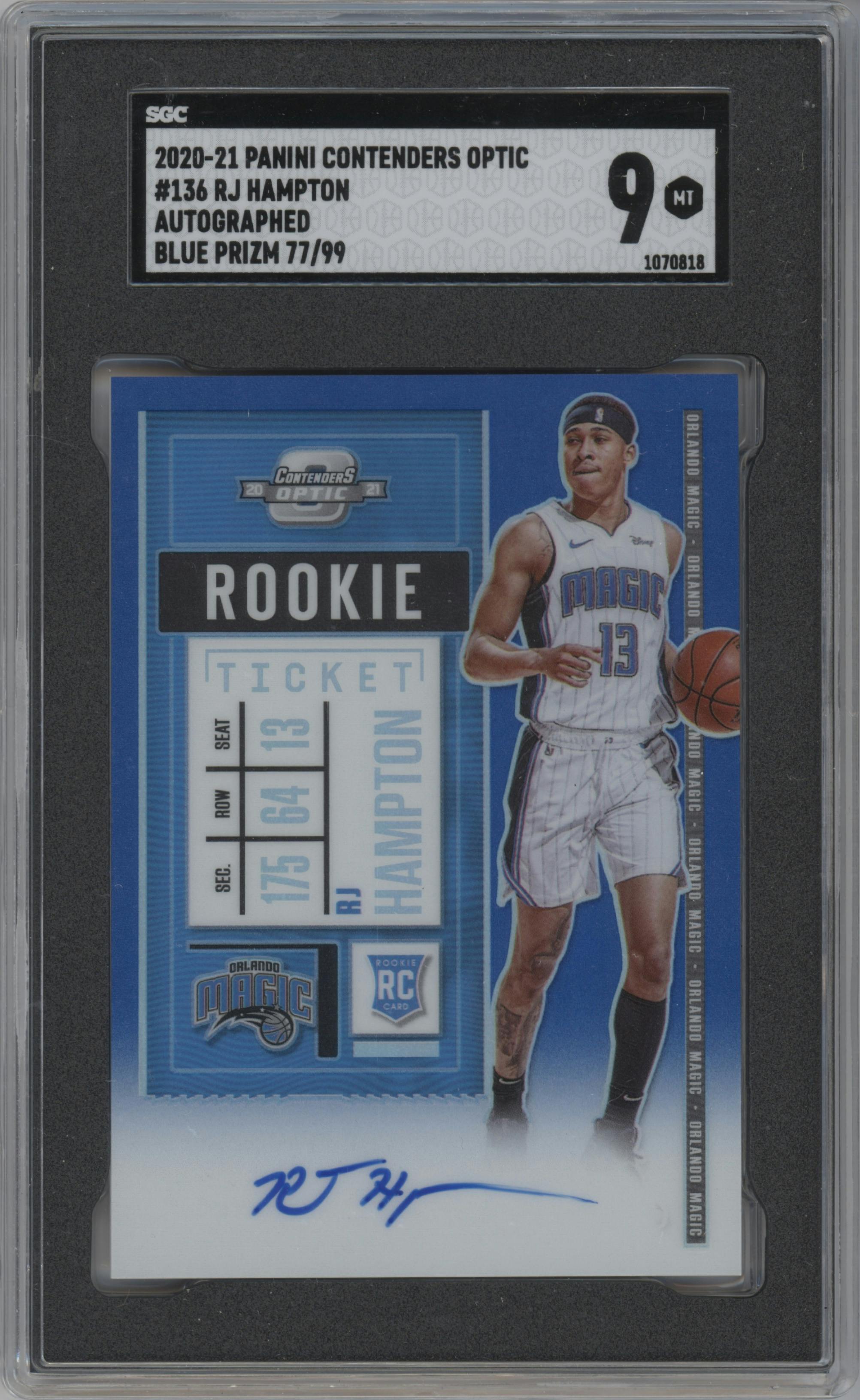 RJ Hampton from the 2020-21 Panini Contenders Optic set featuring a Blue parallel graded by SGC and given an overall grade of 9.
