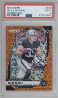 Brock Bowers from the 2024 Panini Prizm set featuring a Disco parallel graded by PSA and given an overall grade of 9.
