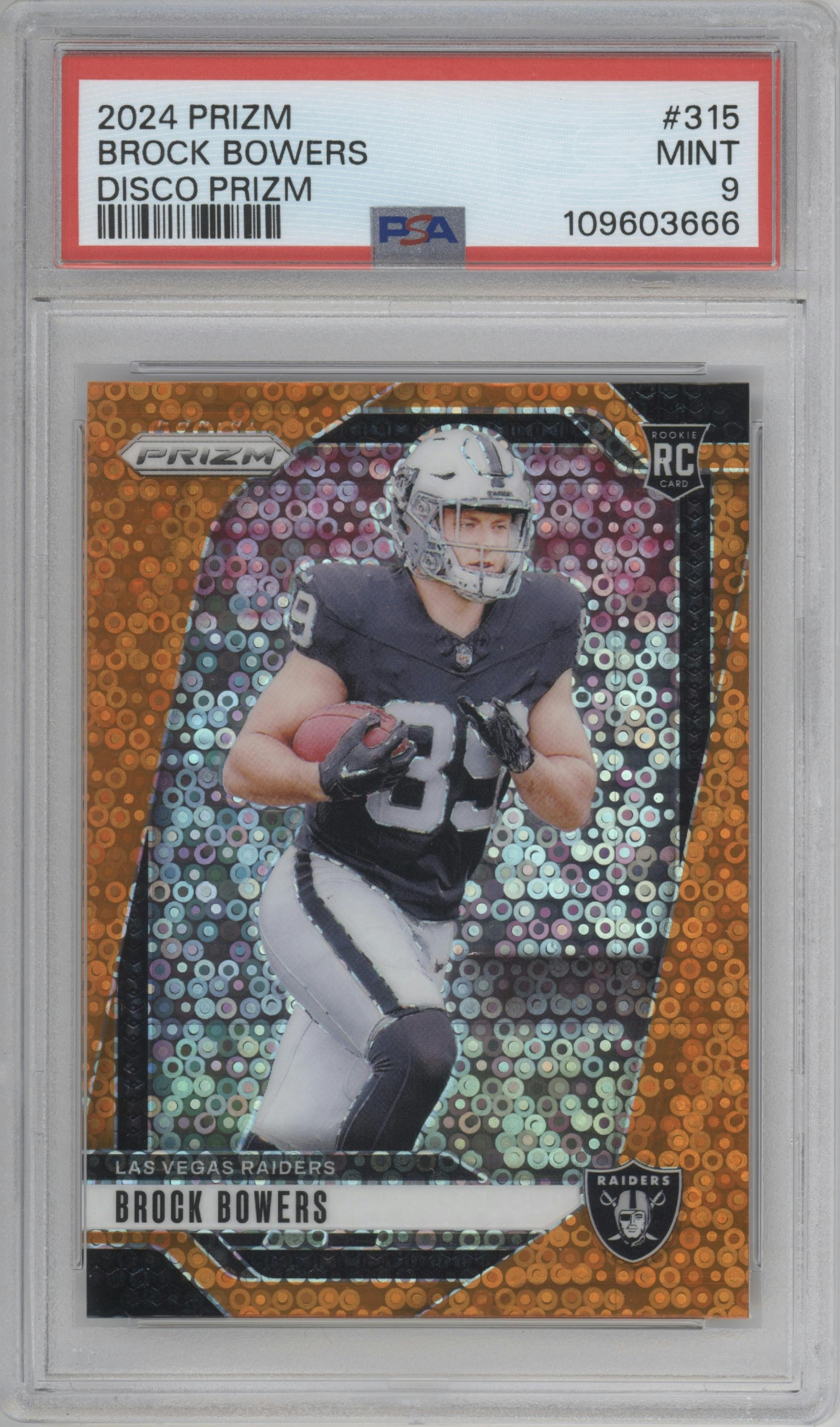 Brock Bowers from the 2024 Panini Prizm set featuring a Disco parallel graded by PSA and given an overall grade of 9.