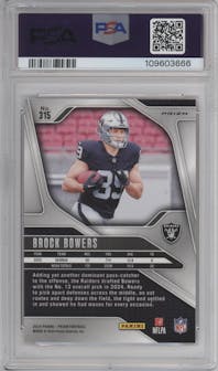 Brock Bowers from the 2024 Panini Prizm set featuring a Disco parallel graded by PSA and given an overall grade of 9.
