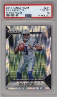 Dak Prescott from the 2016 Panini Prizm set featuring a Flash Prizm parallel graded by PSA and given an overall grade of 10.