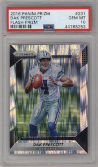 Dak Prescott from the 2016 Panini Prizm set featuring a Flash Prizm parallel graded by PSA and given an overall grade of 10.