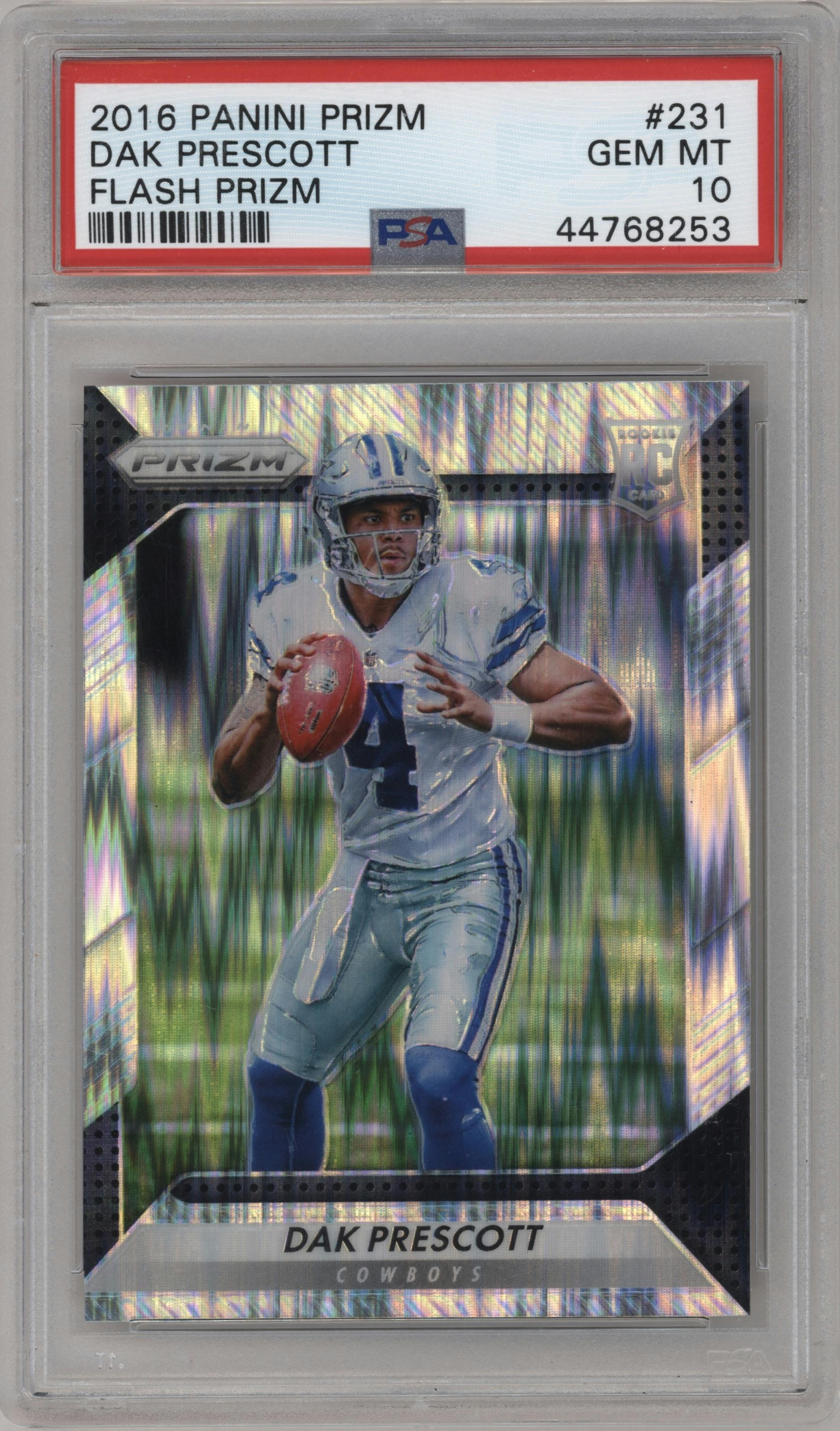 Dak Prescott from the 2016 Panini Prizm set featuring a Flash Prizm parallel graded by PSA and given an overall grade of 10.