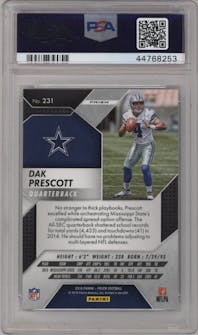 Dak Prescott from the 2016 Panini Prizm set featuring a Flash Prizm parallel graded by PSA and given an overall grade of 10.