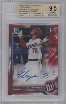 Elijah Green from the 2022 Bowman Draft set featuring a Red Lava Refractor parallel graded by Beckett and given an overall grade of 9.5.
