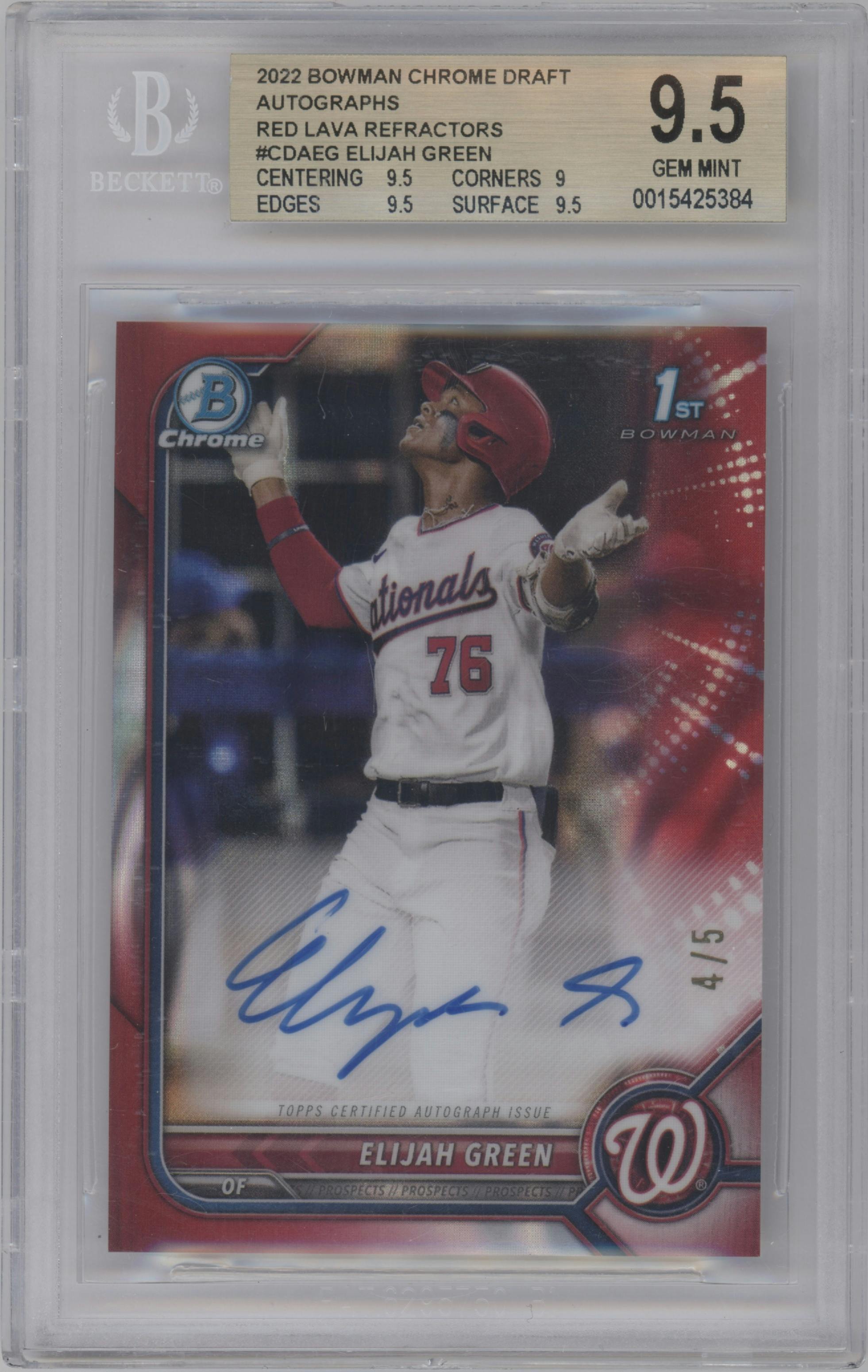 Elijah Green from the 2022 Bowman Draft set featuring a Red Lava Refractor parallel graded by Beckett and given an overall grade of 9.5.