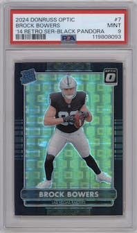 Brock Bowers from the 2024 Donruss Optic set featuring a Black Pandora parallel graded by PSA and given an overall grade of 9.