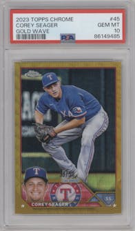 Corey Seager from the 2023 Topps Chrome set featuring a Gold Wave Refractor parallel graded by PSA and given an overall grade of 10.