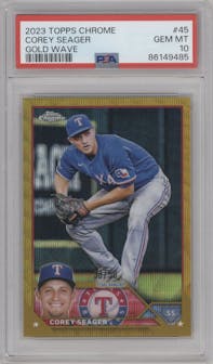Corey Seager from the 2023 Topps Chrome set featuring a Gold Wave Refractor parallel graded by PSA and given an overall grade of 10.