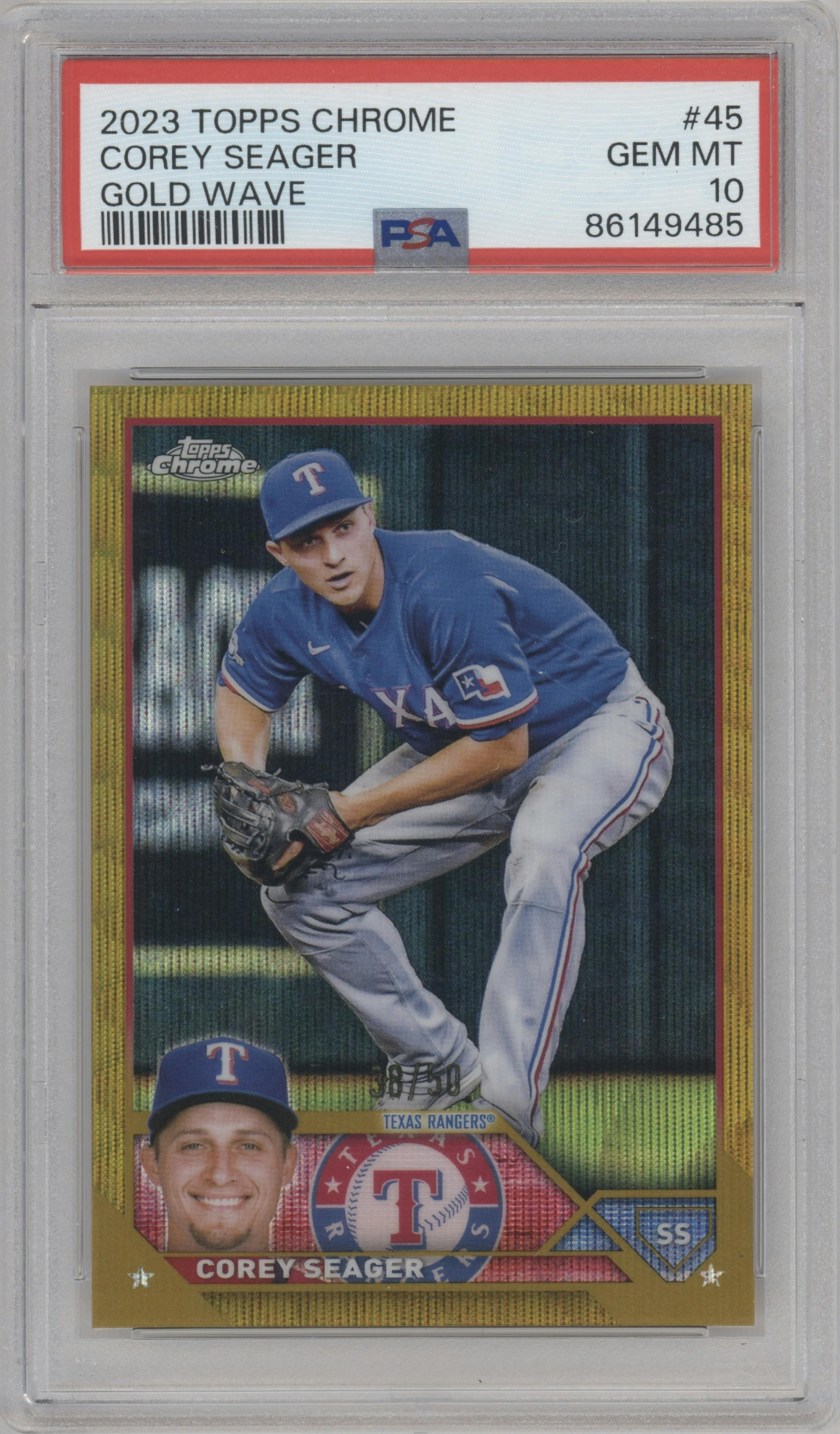Corey Seager from the 2023 Topps Chrome set featuring a Gold Wave Refractor parallel graded by PSA and given an overall grade of 10.