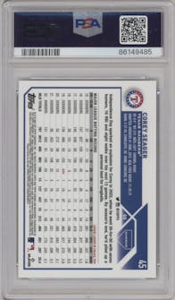 Corey Seager from the 2023 Topps Chrome set featuring a Gold Wave Refractor parallel graded by PSA and given an overall grade of 10.
