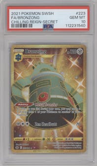 Bronzong from the 2021 Pokemon SWSH set graded by PSA and given an overall grade of 10.