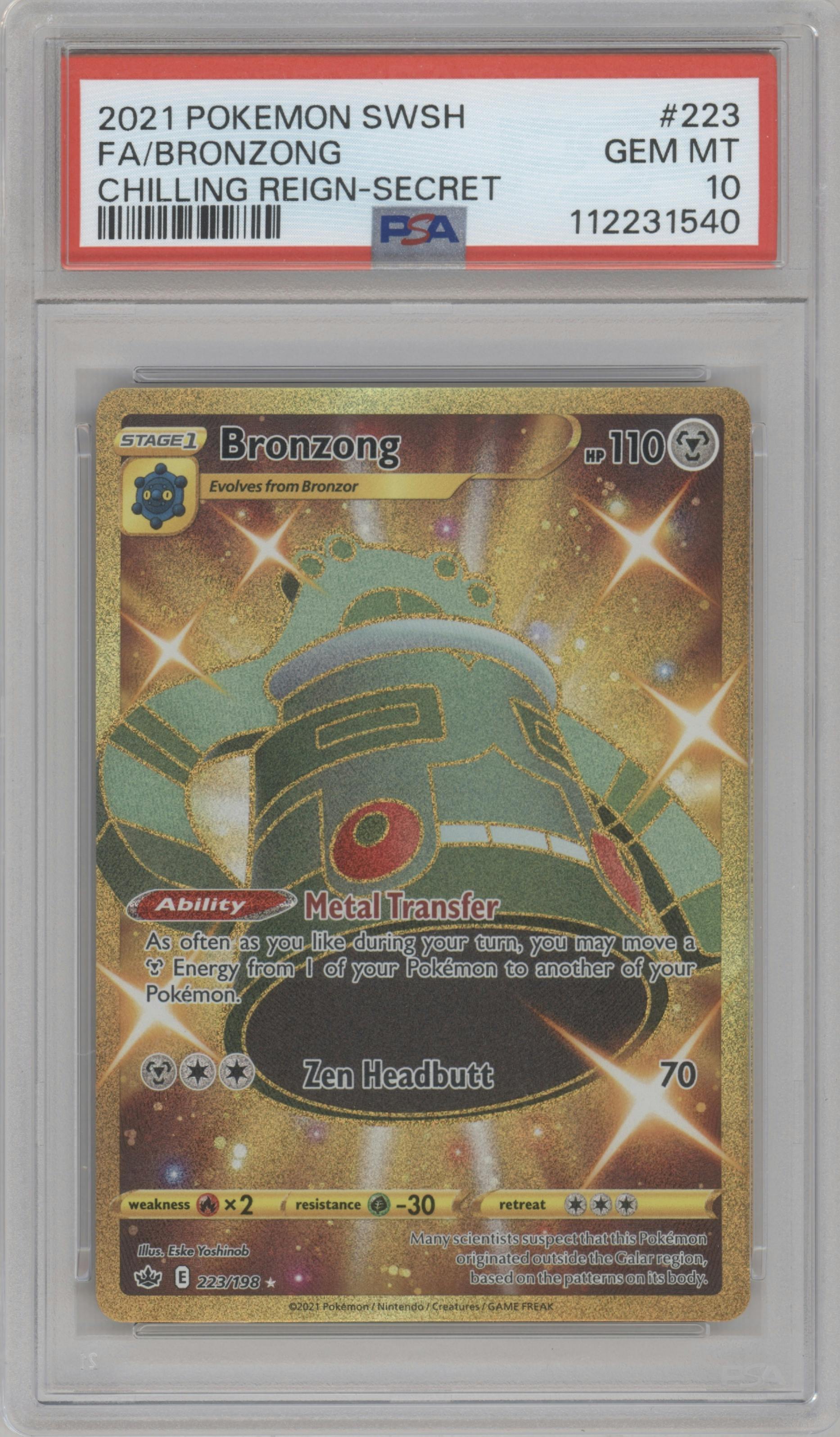 Bronzong from the 2021 Pokemon SWSH set graded by PSA and given an overall grade of 10.