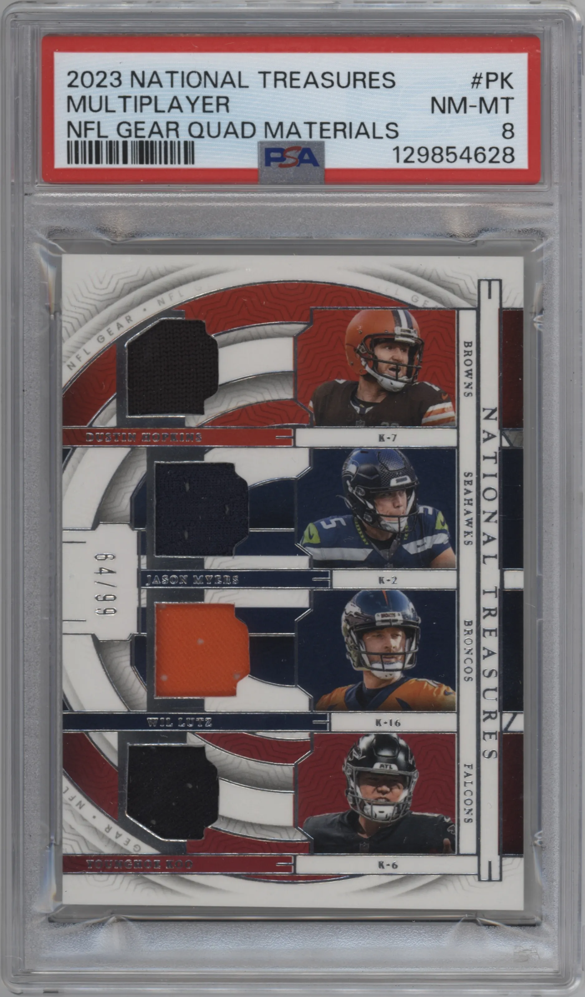 2023 Panini National Treasures Gear Quad Mat. Dustin Hopkins/Jason Myers/Wil Lutz/Younghoe Koo #GQM-PK PSA 8