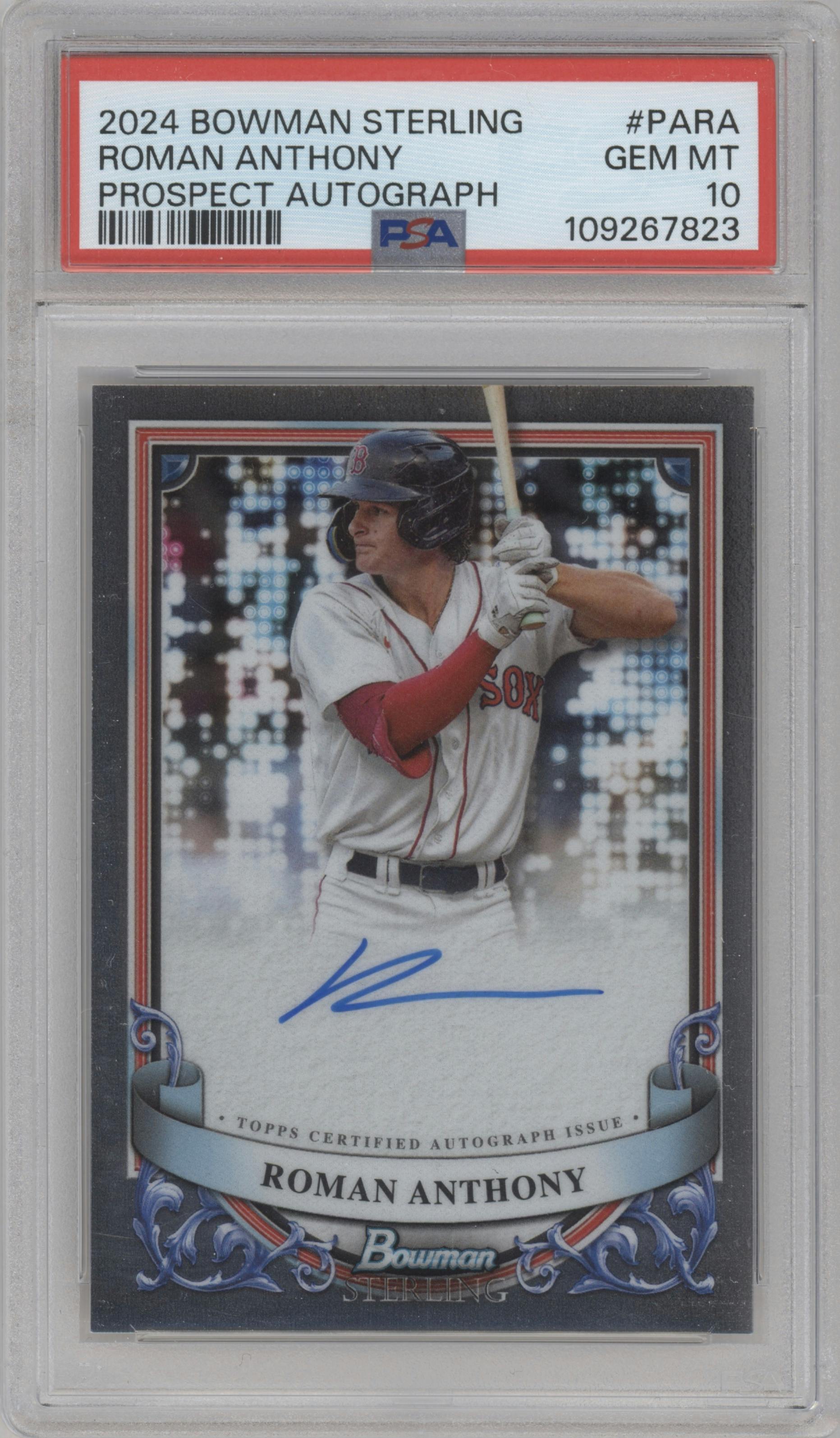 Roman Anthony from the 2024 Bowman Sterling set graded by PSA and given an overall grade of 10.