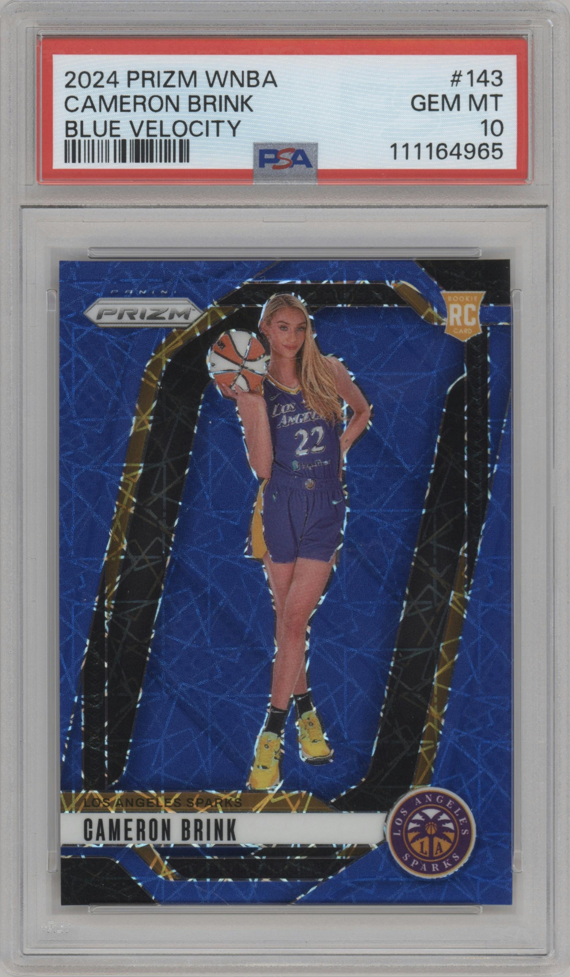 Cameron Brink from the 2024 Panini Prizm WNBA set featuring a Blue Velocity parallel graded by PSA and given an overall grade of 10.
