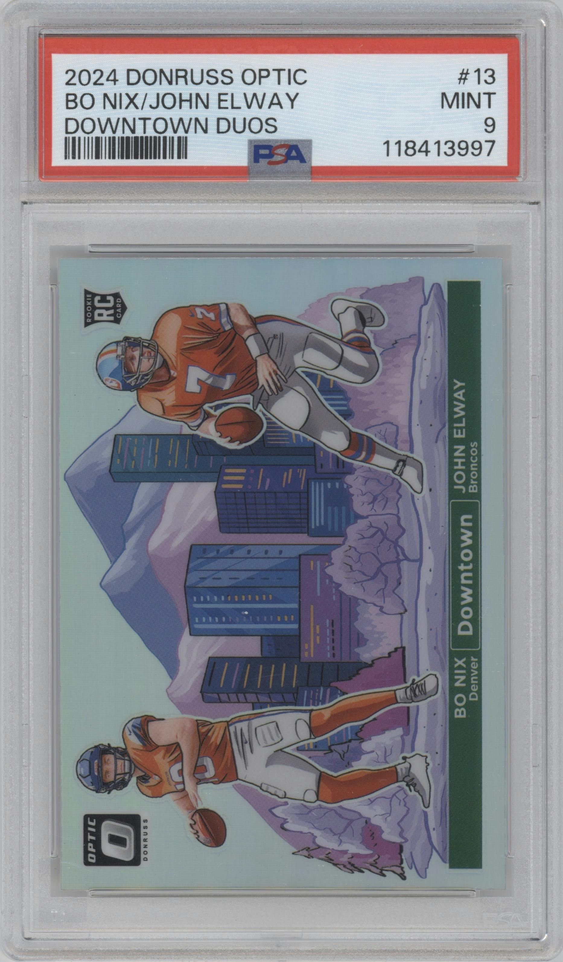 Bo Nix/John Elway from the 2024 Donruss Optic set graded by PSA and given an overall grade of 9.