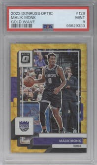 Malik Monk from the 2022-23 Panini Donruss Optic  set featuring a Gold Wave parallel graded by PSA and given an overall grade of 9.