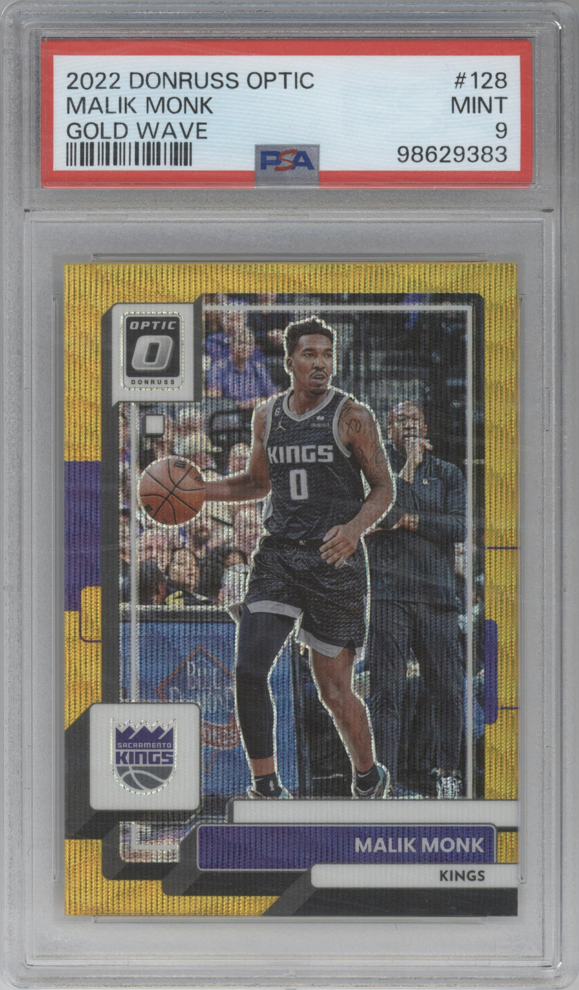 Malik Monk from the 2022-23 Panini Donruss Optic  set featuring a Gold Wave parallel graded by PSA and given an overall grade of 9.