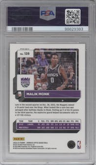 Malik Monk from the 2022-23 Panini Donruss Optic  set featuring a Gold Wave parallel graded by PSA and given an overall grade of 9.