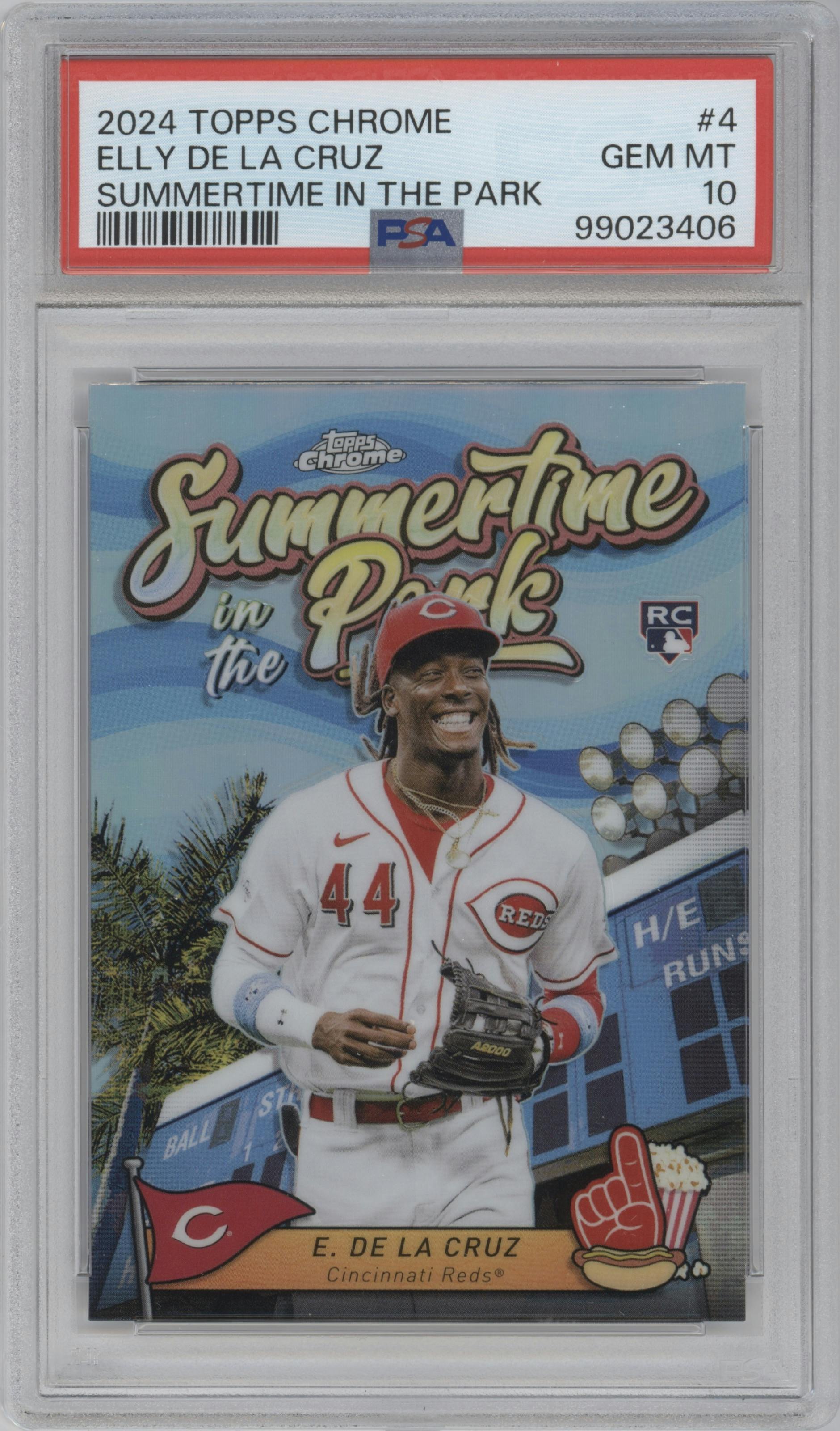 Elly De La Cruz from the 2024 Topps Chrome set graded by PSA and given an overall grade of 10.