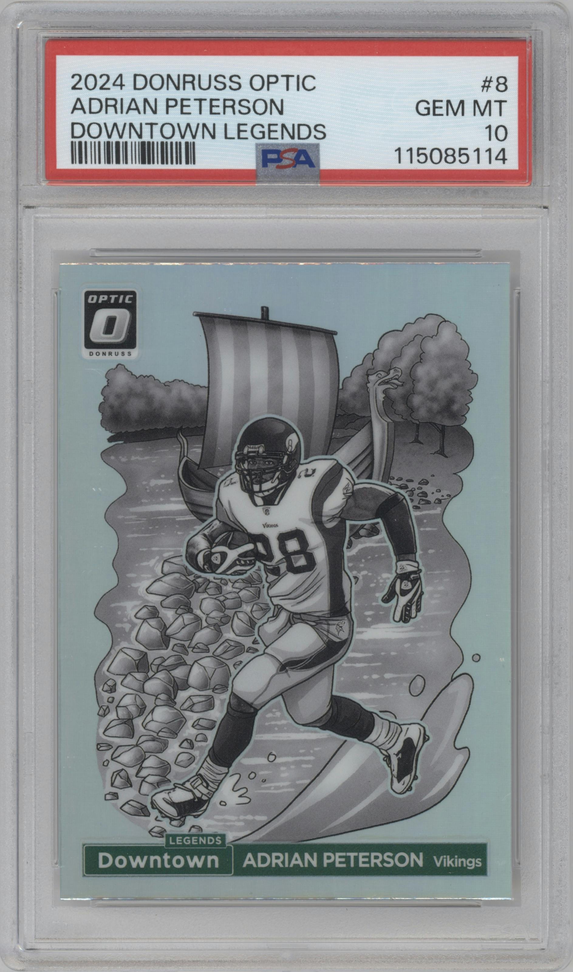 Adrian Peterson from the 2024 Donruss Optic set graded by PSA and given an overall grade of 10.