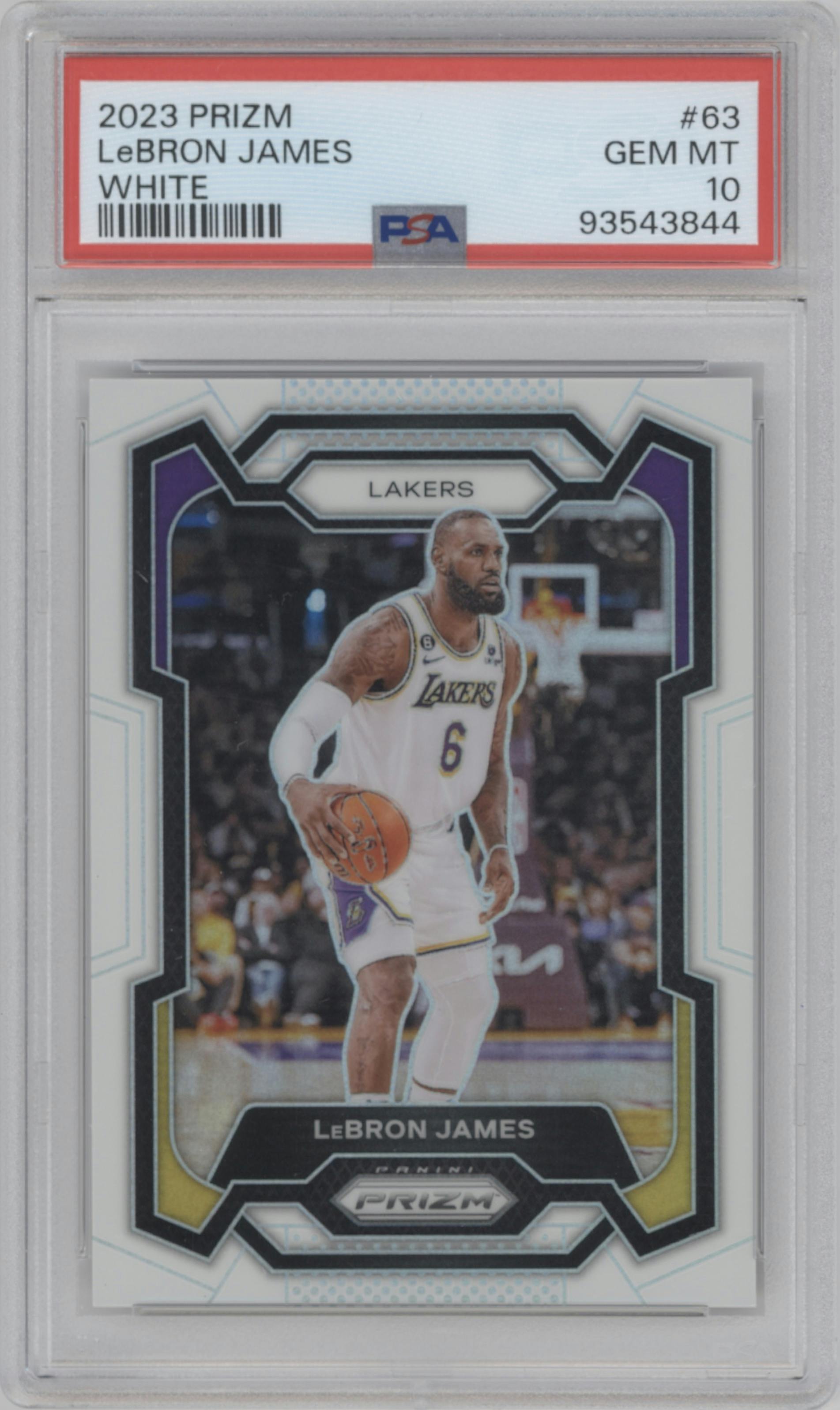 LeBron James from the 2023-24 Panini Prizm set featuring a White Prizm parallel graded by PSA and given an overall grade of 10.