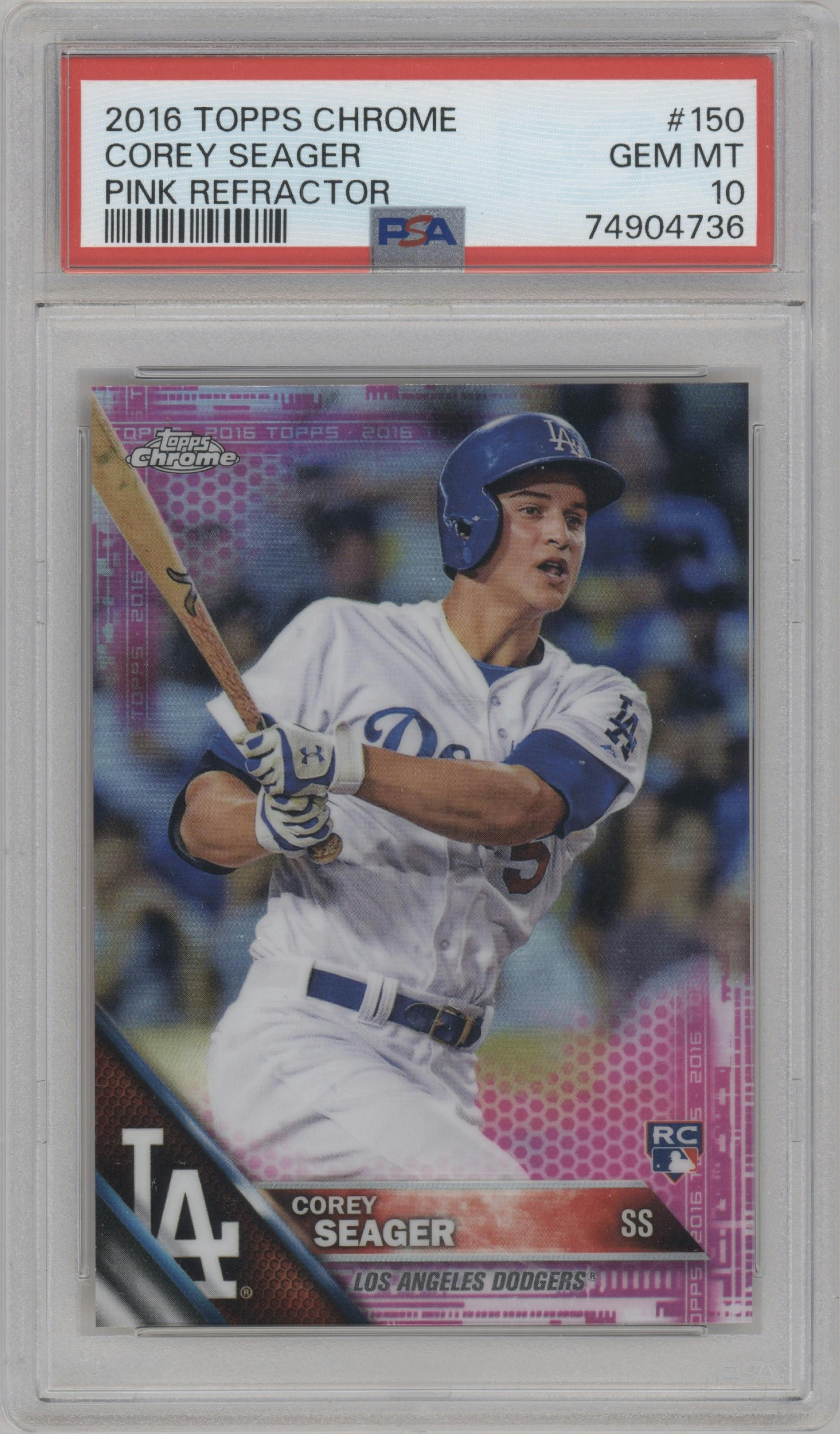 Corey Seager from the 2016 Topps Chrome set featuring a Pink Refractor parallel graded by PSA and given an overall grade of 10.